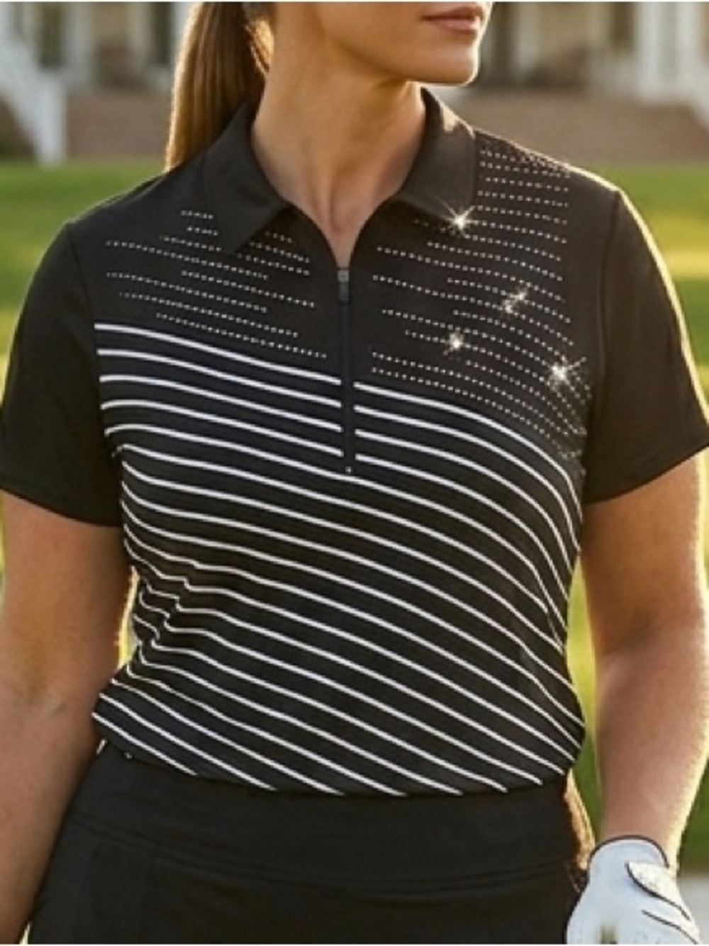 Zenergy by Chico's Striped Rhinestone Zip Polo Golf Shirt 3 (XL) Golfcore Tennis